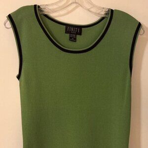 Green sleeveless sweater with black trim, ladies petite medium